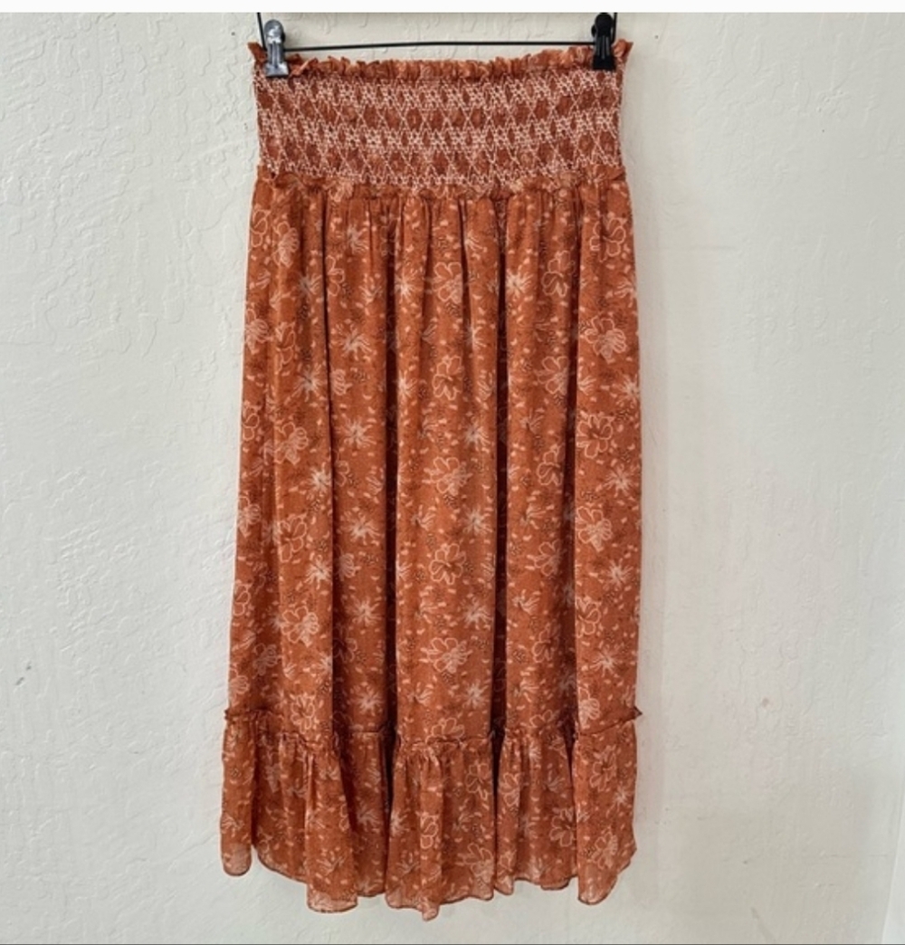 Blu Pepper Terracotta Orange Smocked Waist Maxi Midi Skirt Tiered Floral Large